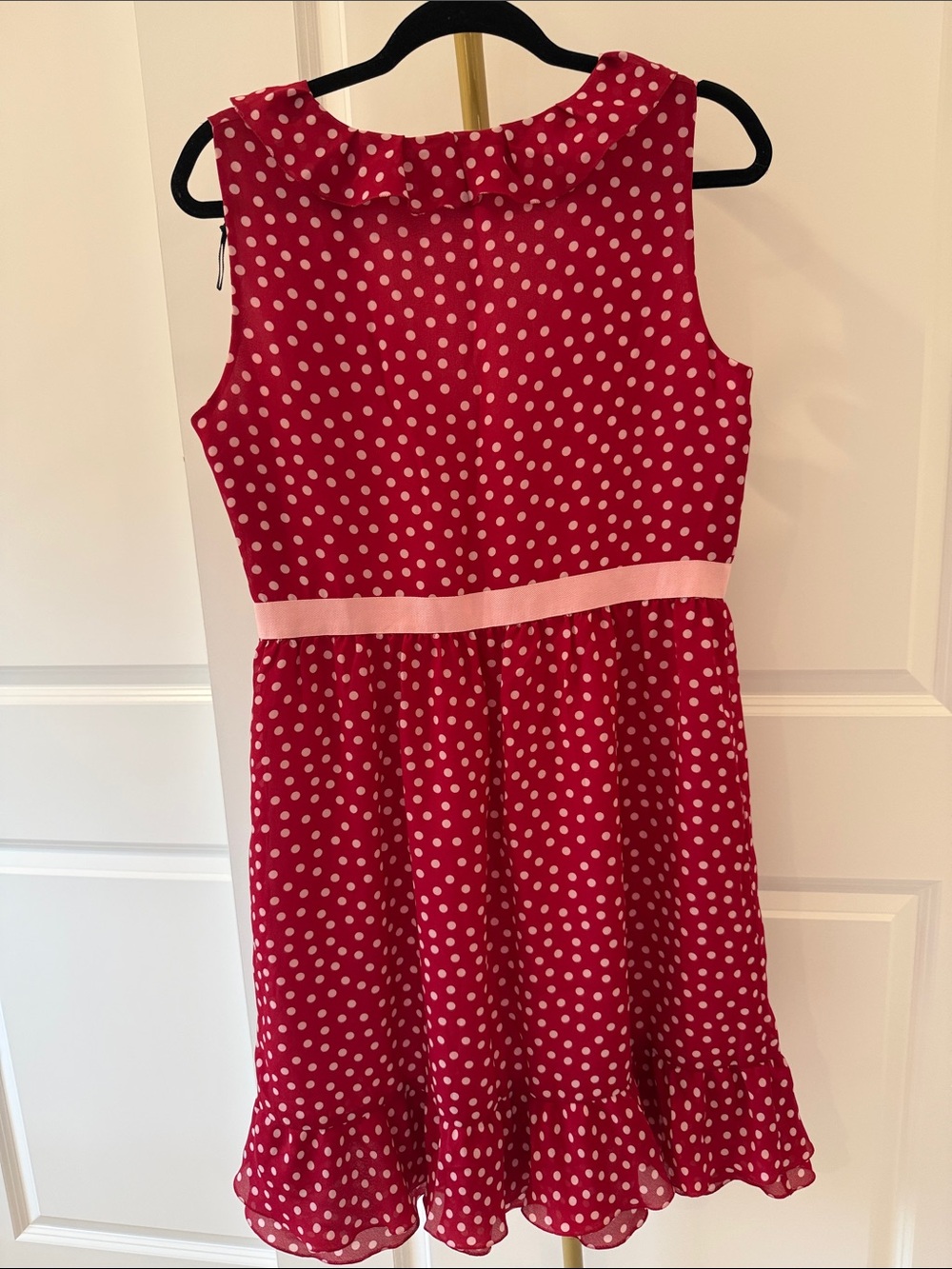 2012 Red Valentino Red Polka Dot Ruffle V-Neck Dress with Pink Waist Tie - Picture 4 of 6